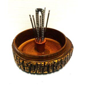 Vintage Nutcracker bowl with picks and nutcracker, Real tree bark,  rustic, wood